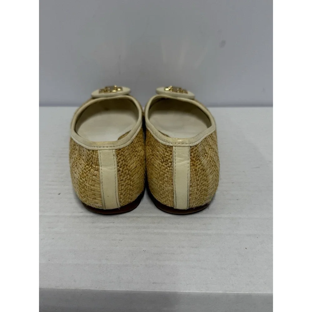 Tory Burch Raffia Ballet Flats Size 6 Gold‎ Logo Medallion Slip On